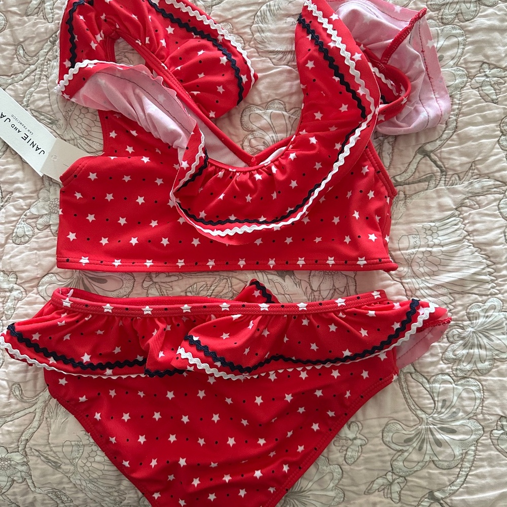 Janie and jack red two piece bathing suite w stars and ruffles size 8 nwt